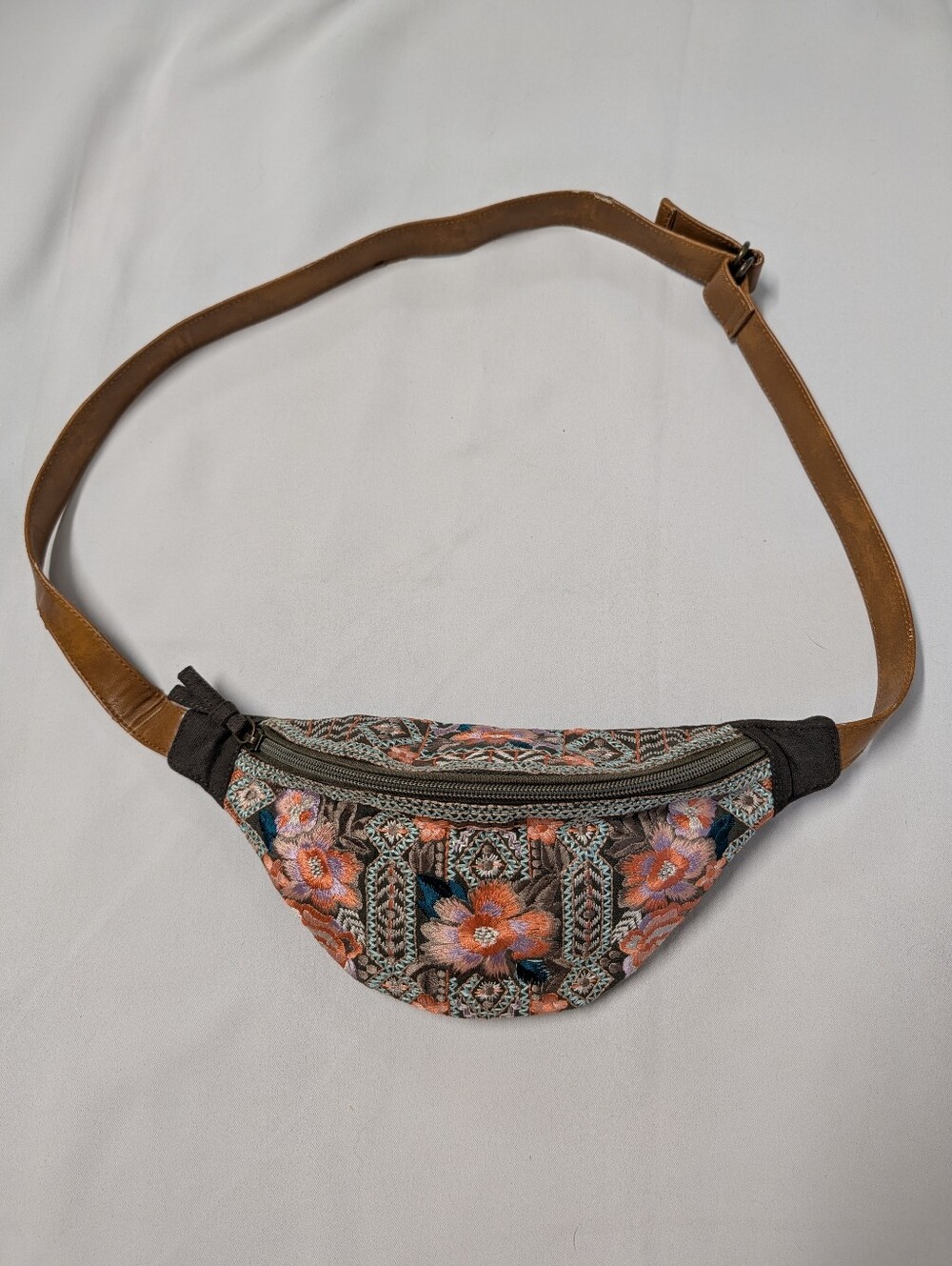 Embroidered Floral Belt Bag in Brown and Peach Zip Closure